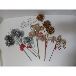 LOT of 7 NWT Merry Christmas Holiday Noel Gold Silver‎ Pick Tige Decorations